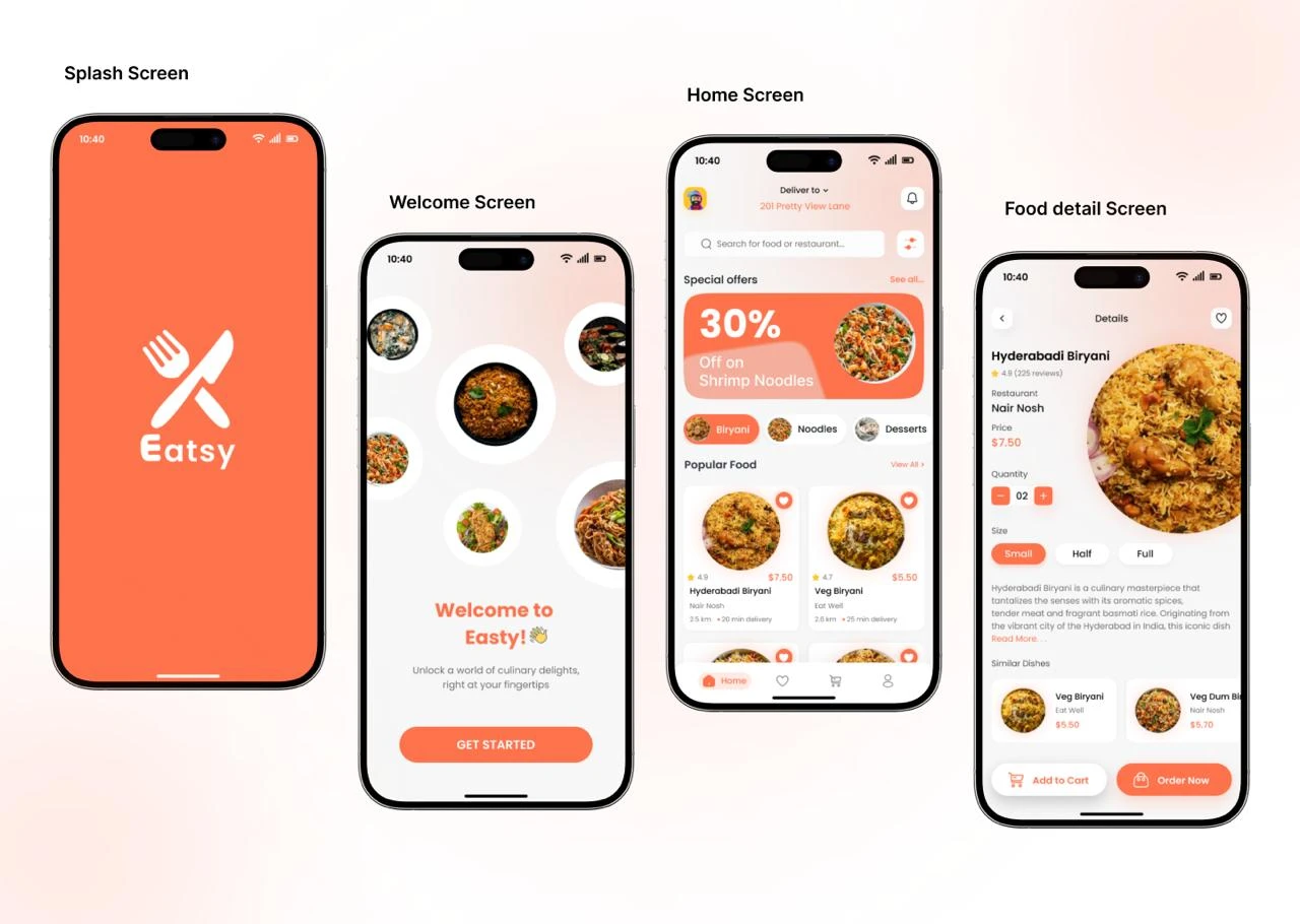 تطبيق Eatsy لتوصيل الأطعمة — تصميم وبرمجة واجهات تطبيق الجوال UI/UX