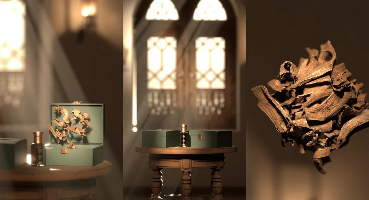 عطر وخشب العود الفاخر — بيئة ثلاثية الأبعاد 3D وإضاءة تراثية ملكية